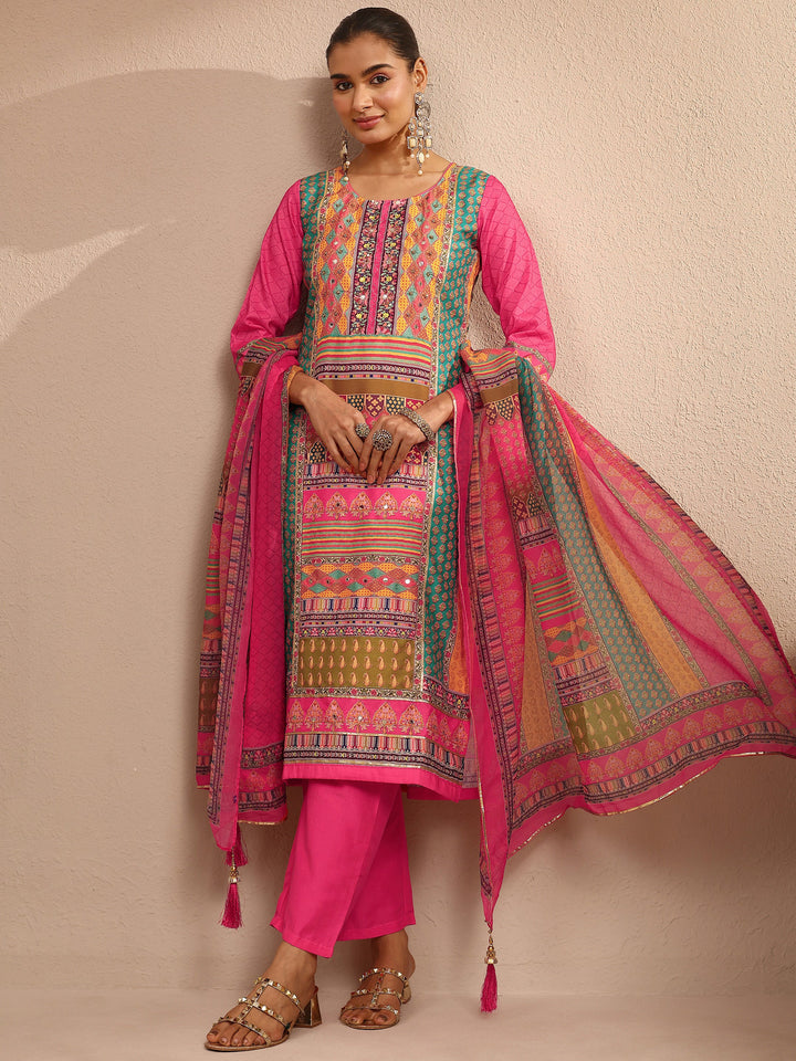 Multi Printed Silk Blend Straight Suit Set With Dupatta