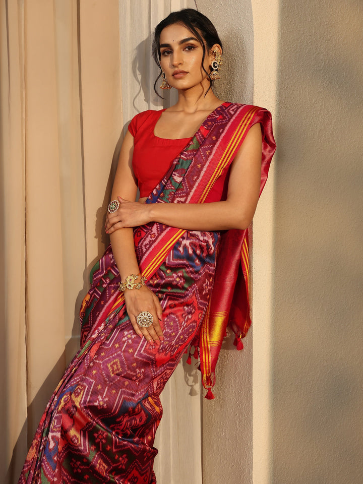 Multi Printed Silk Saree With Unstitched Blouse Piece