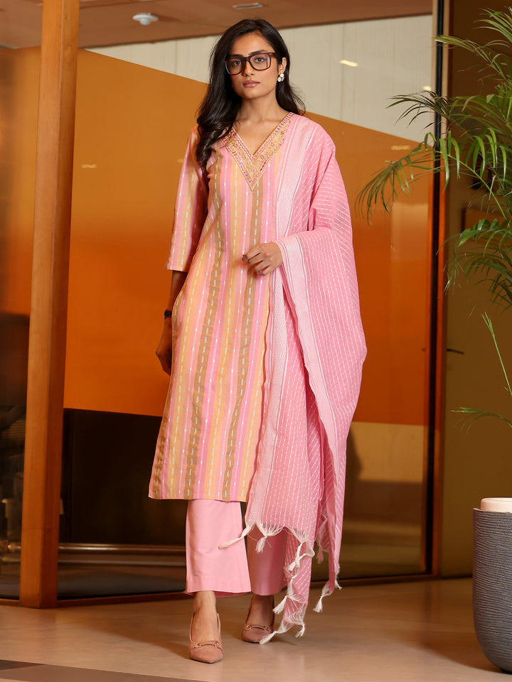 Multi Striped Woven Design Cotton Blend Straight Suit Set With Dupatta