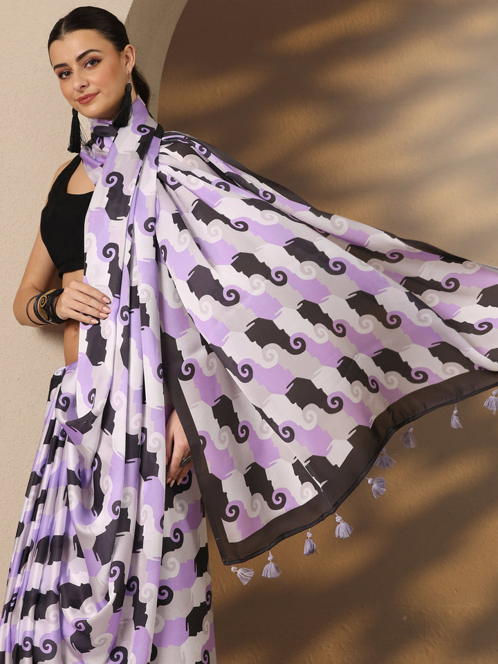 Multi Tribal Printed Satin Saree With Unstitched Blouse Piece