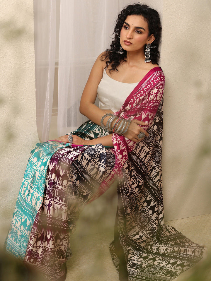 Multi Tribal Printed Silk Blend Saree With Unstitched Blouse Piece