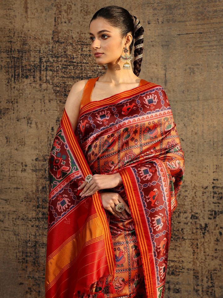 Multi Tribal Printed Silk Saree With Unstitched Blouse Piece