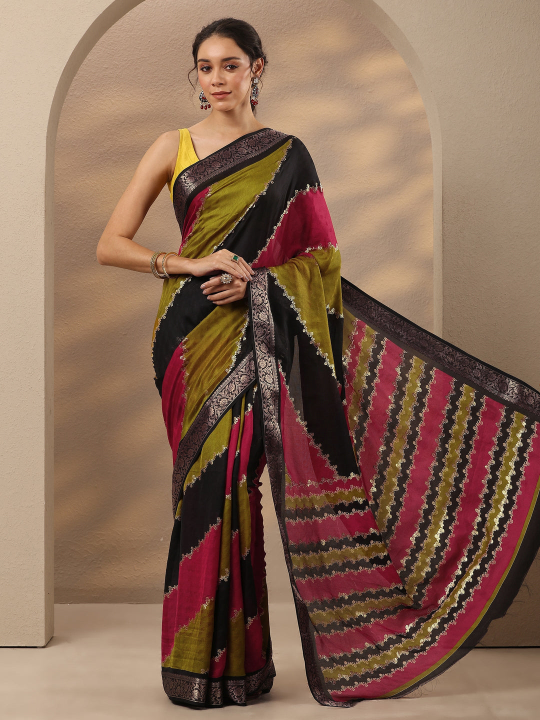 Multi Woven Design Silk Blend Saree With Unstitched Blouse Piece