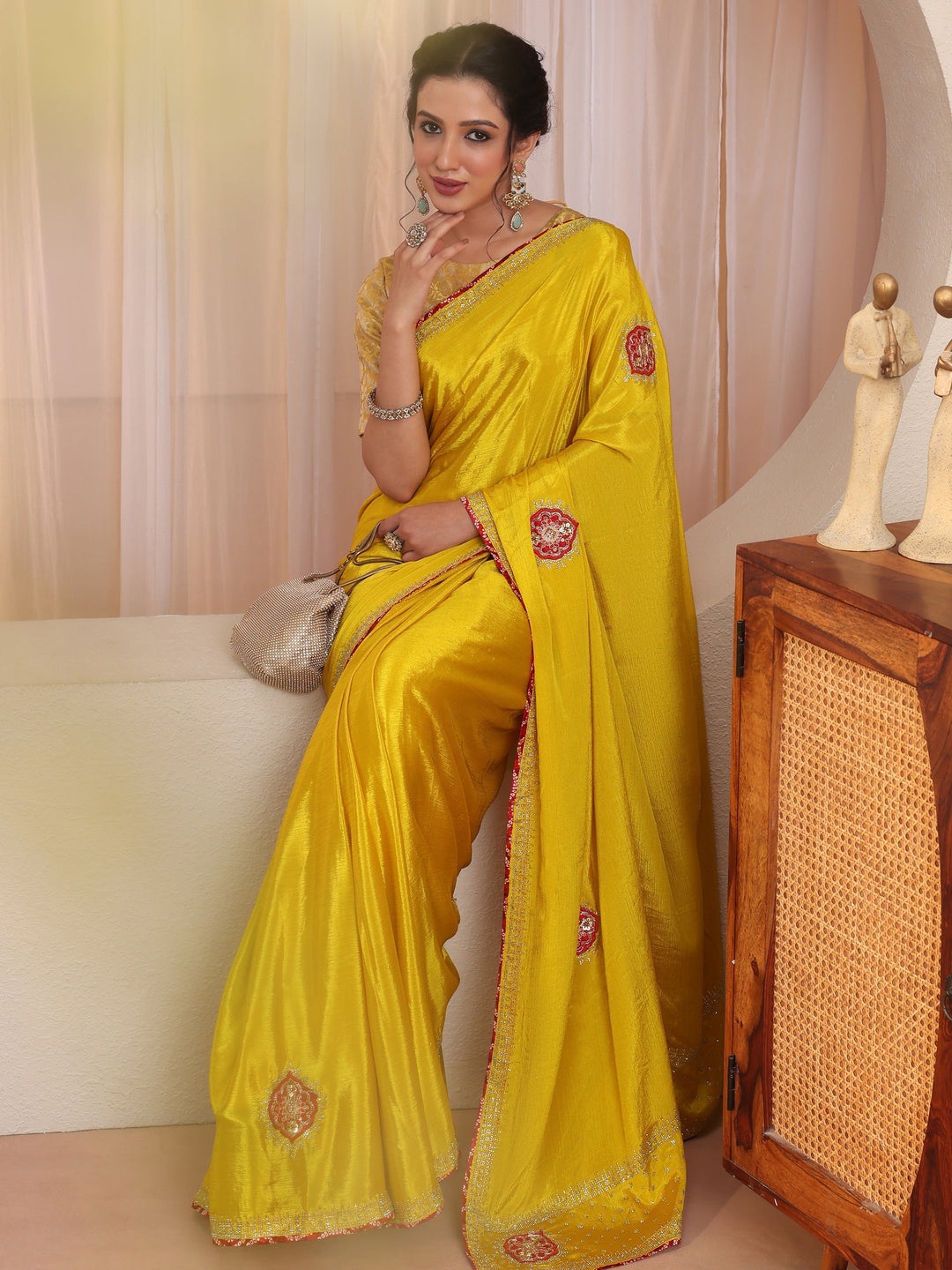Mustard Applique Embellished Chiffon Saree