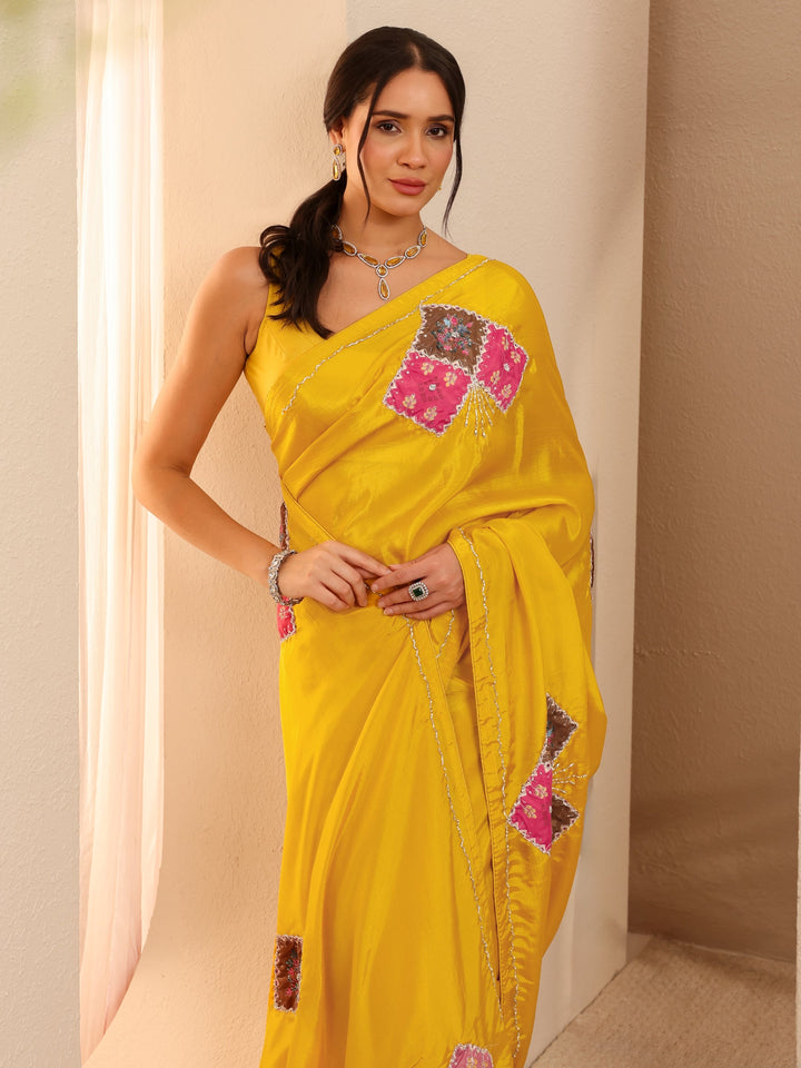 Libas Mustard Applique Embellished Satin Saree