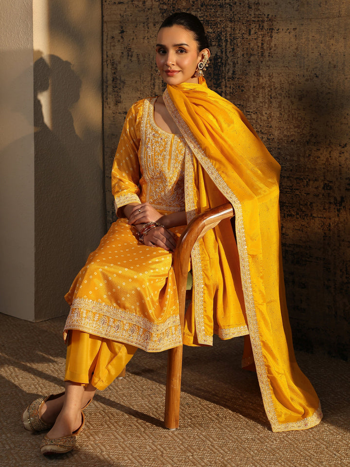Mustard Bandhani Printed Chinon Straight Suit Set With Dupatta