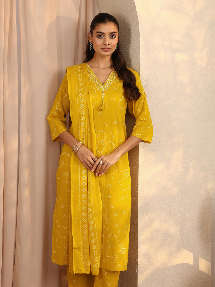 Mustard Bandhani Printed Cotton Suit Set With Dupatta