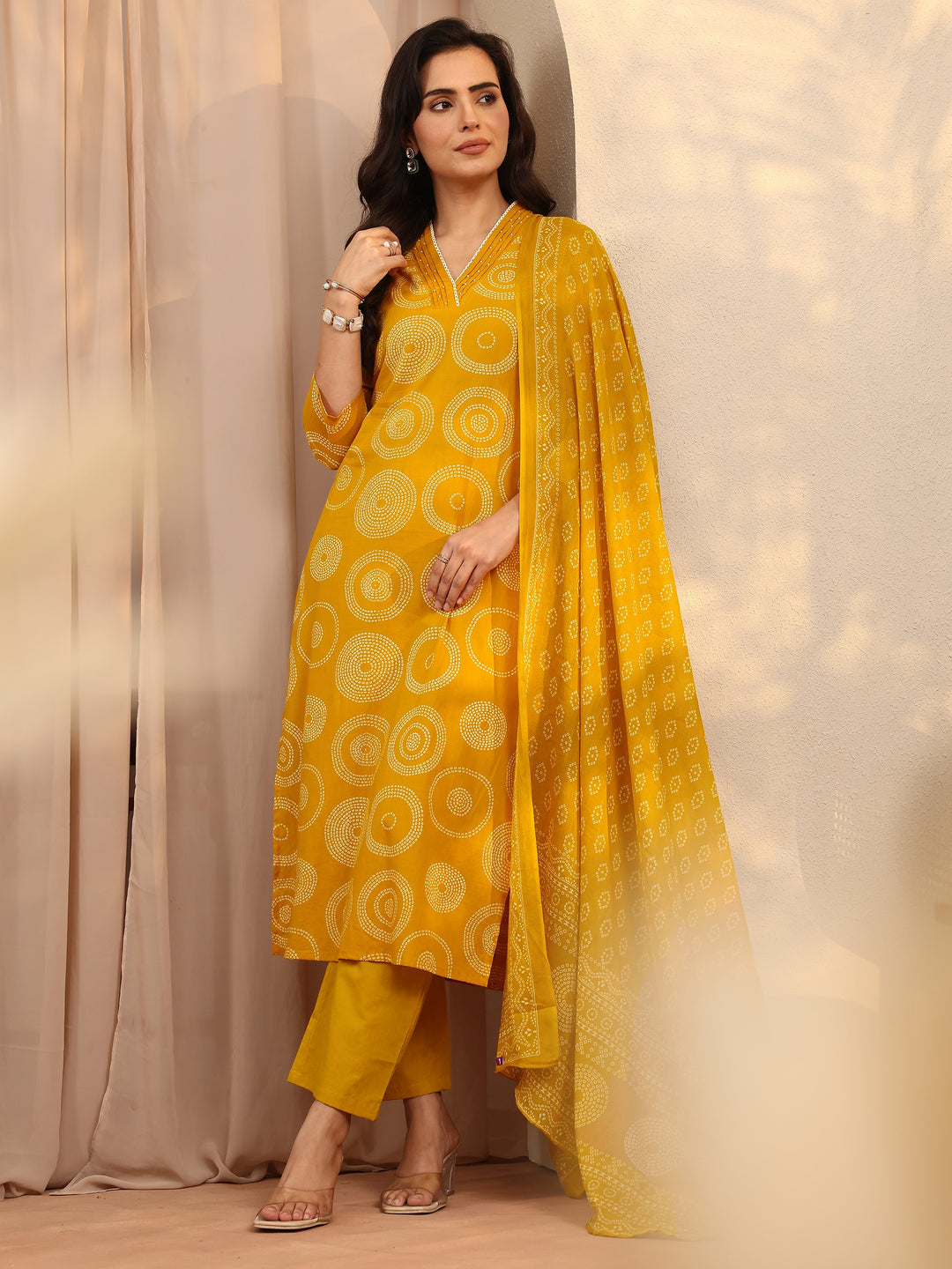 Mustard Bandhani Printed Cotton Suit Set With Dupatta