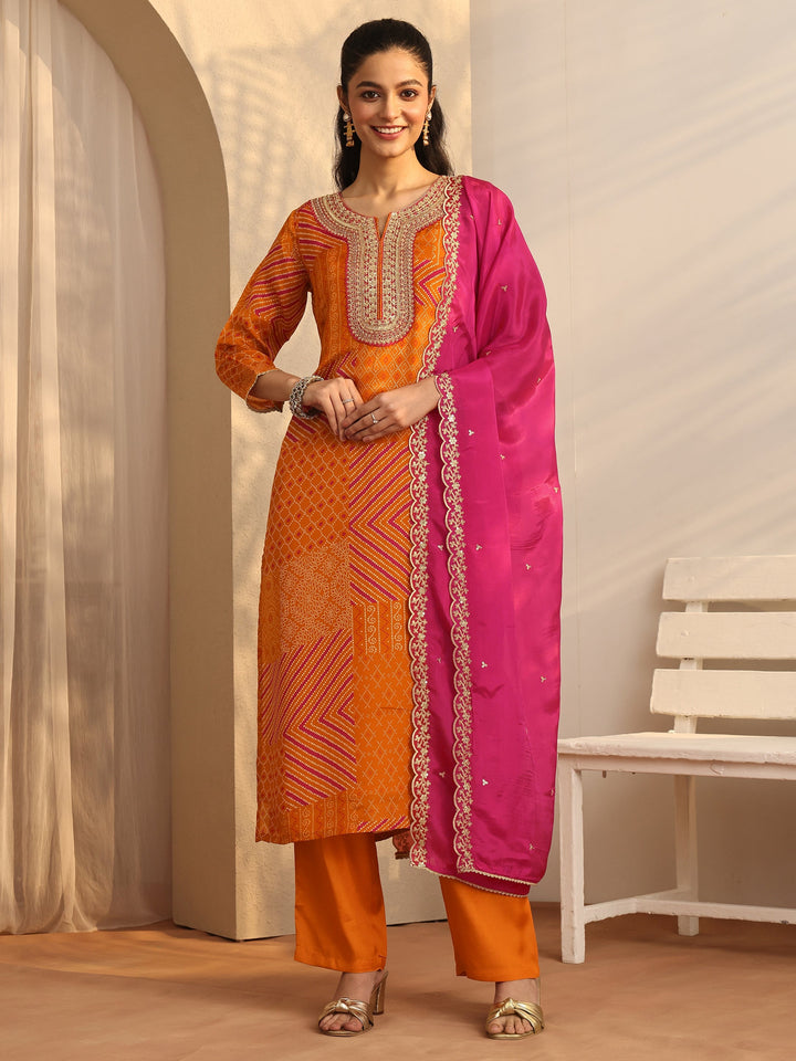 Mustard Bandhani Printed Organza Suit Set With Dupatta