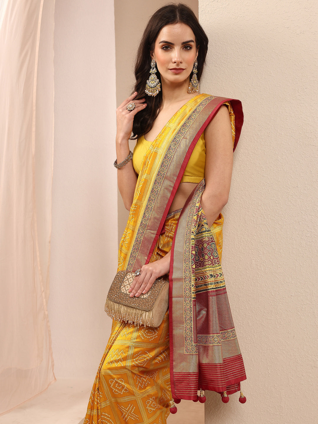 Mustard Bandhani Printed Sarees With Unstitched Blouse Piece