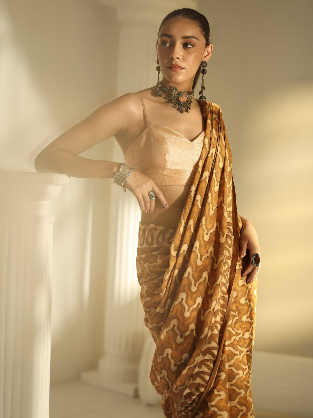 Mustard Batik Print Cotton Saree