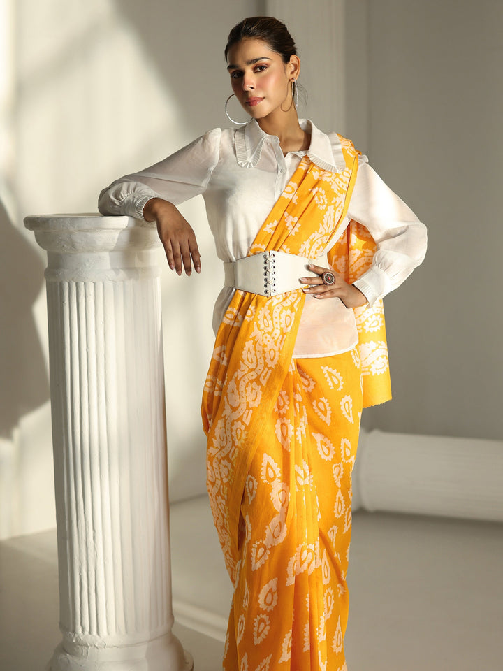 Mustard Block Print Cotton Saree