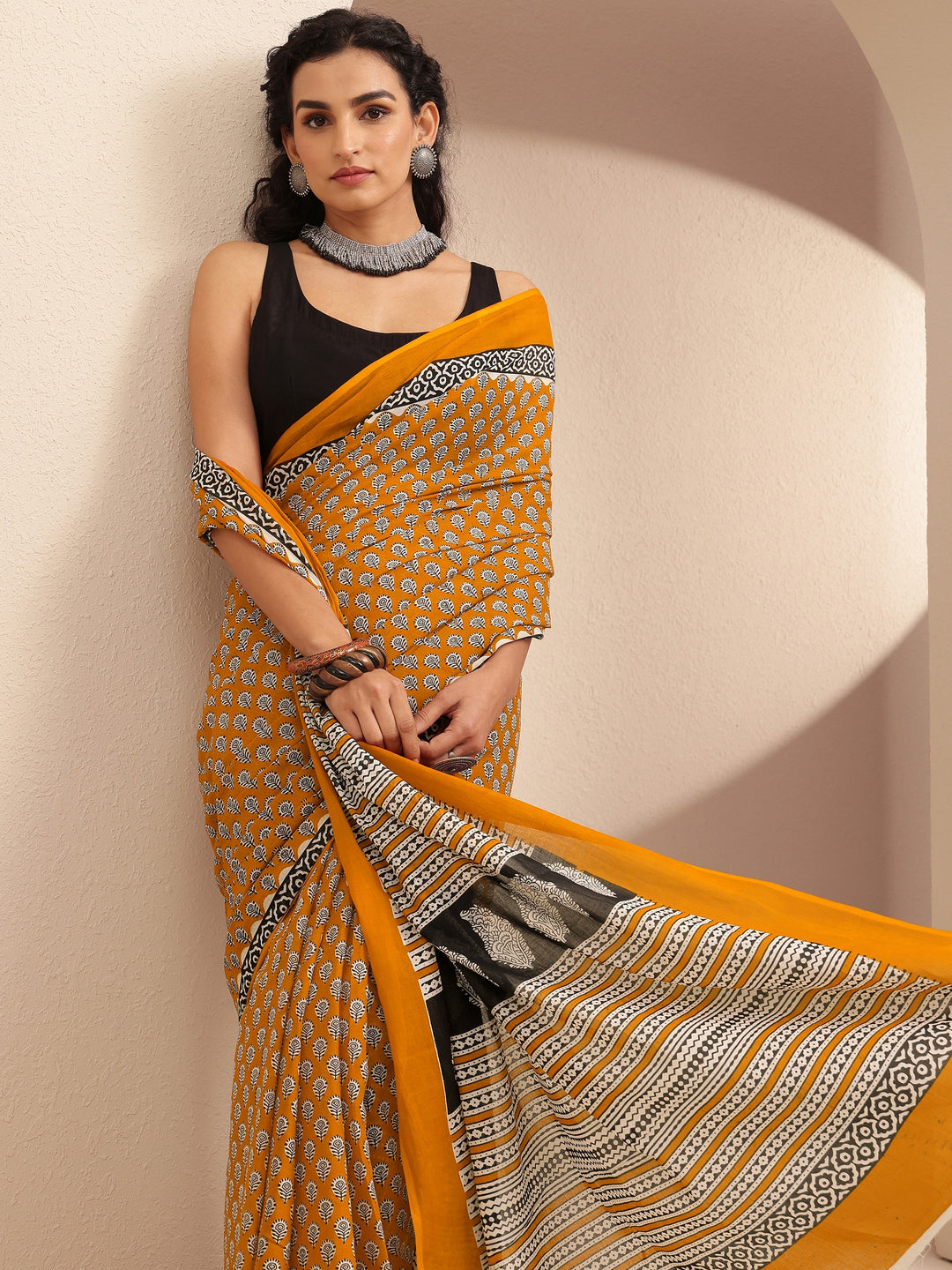 Mustard Block Printed Cotton Saree With Unstitched Blouse Piece