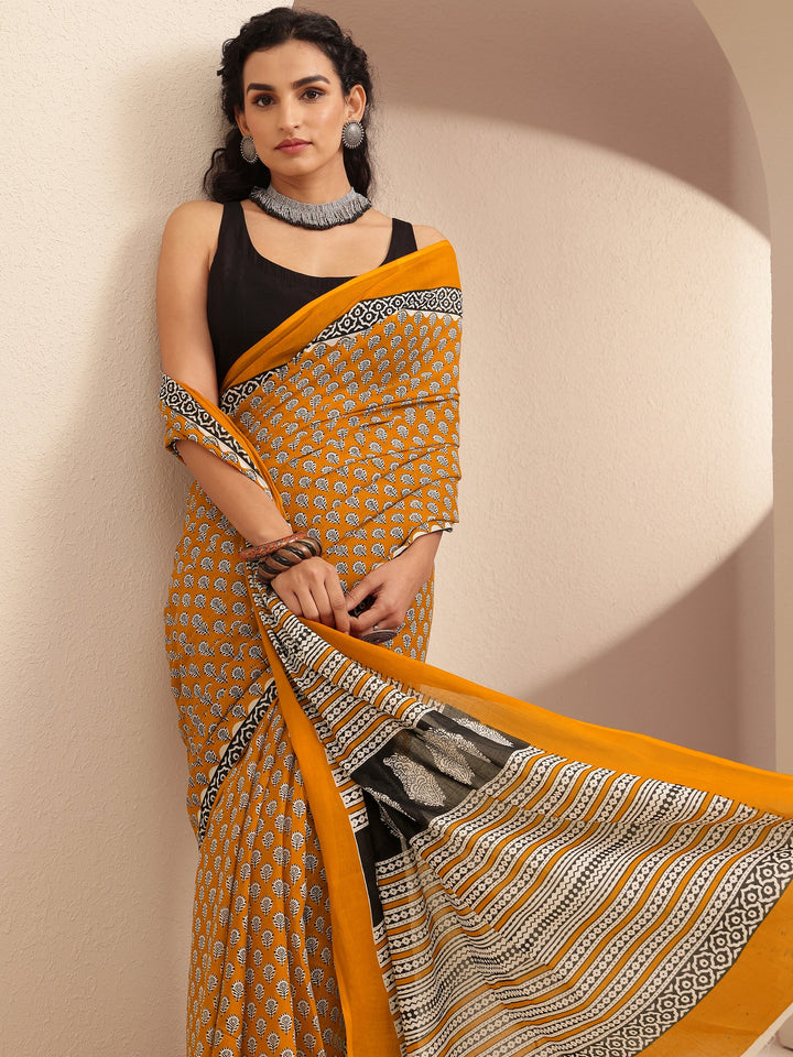 Mustard Block Printed Cotton Saree With Unstitched Blouse Piece