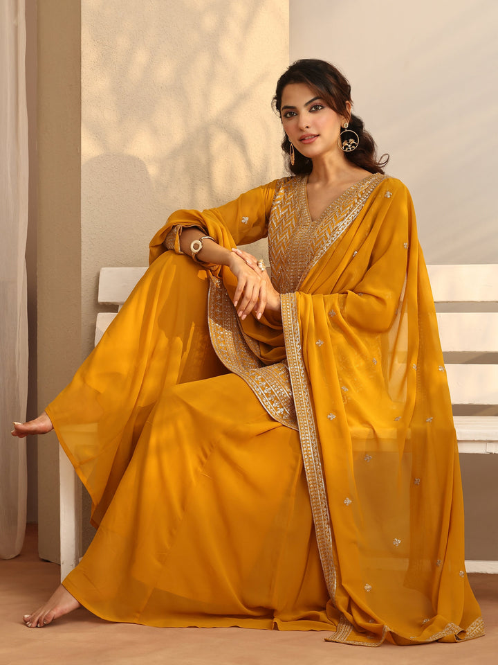 Mustard Chevron Embroidered Georgette Straight Suit Set With Dupatta