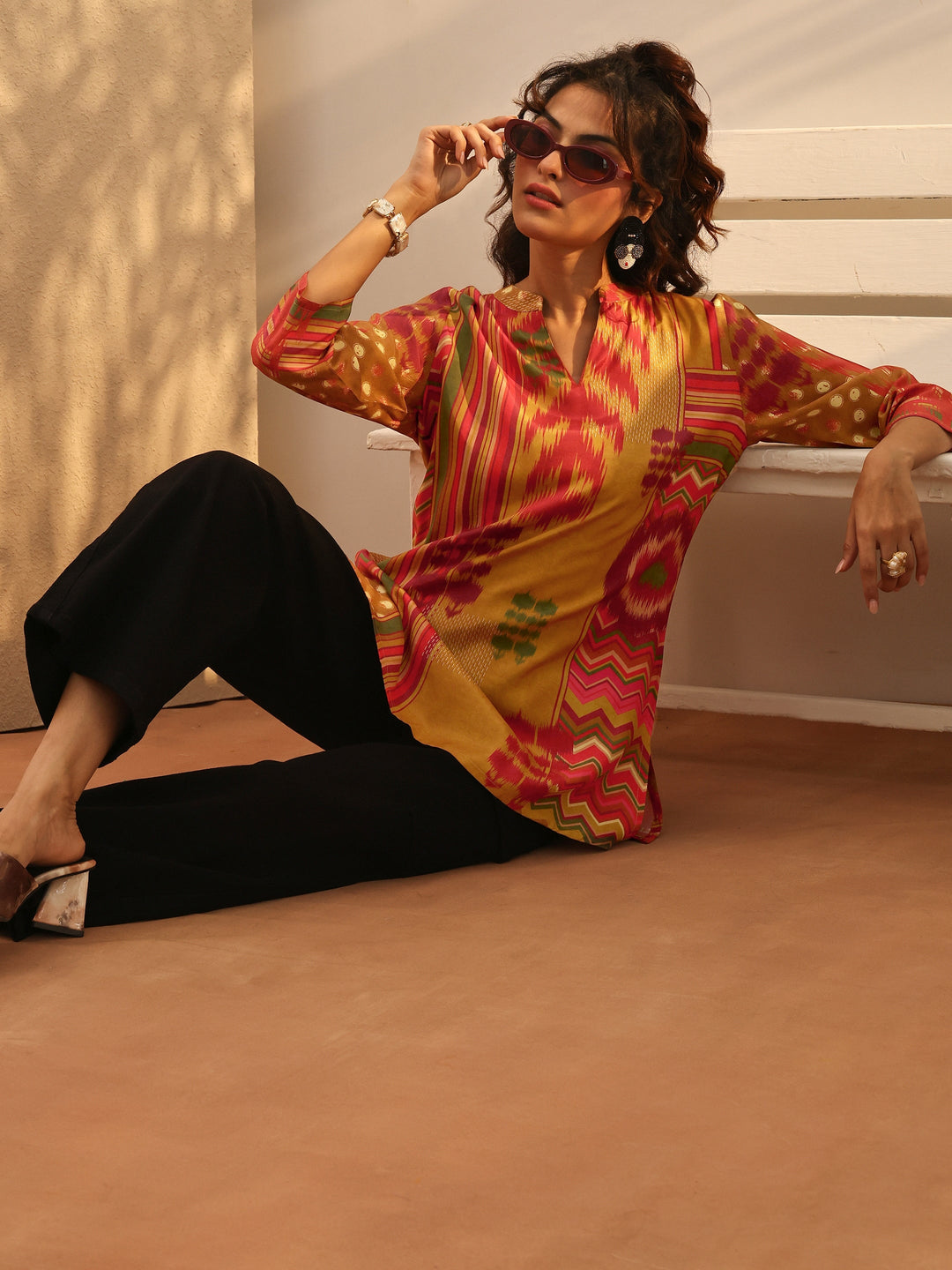 Mustard Chevron Printed Muslin Straight Short Kurti
