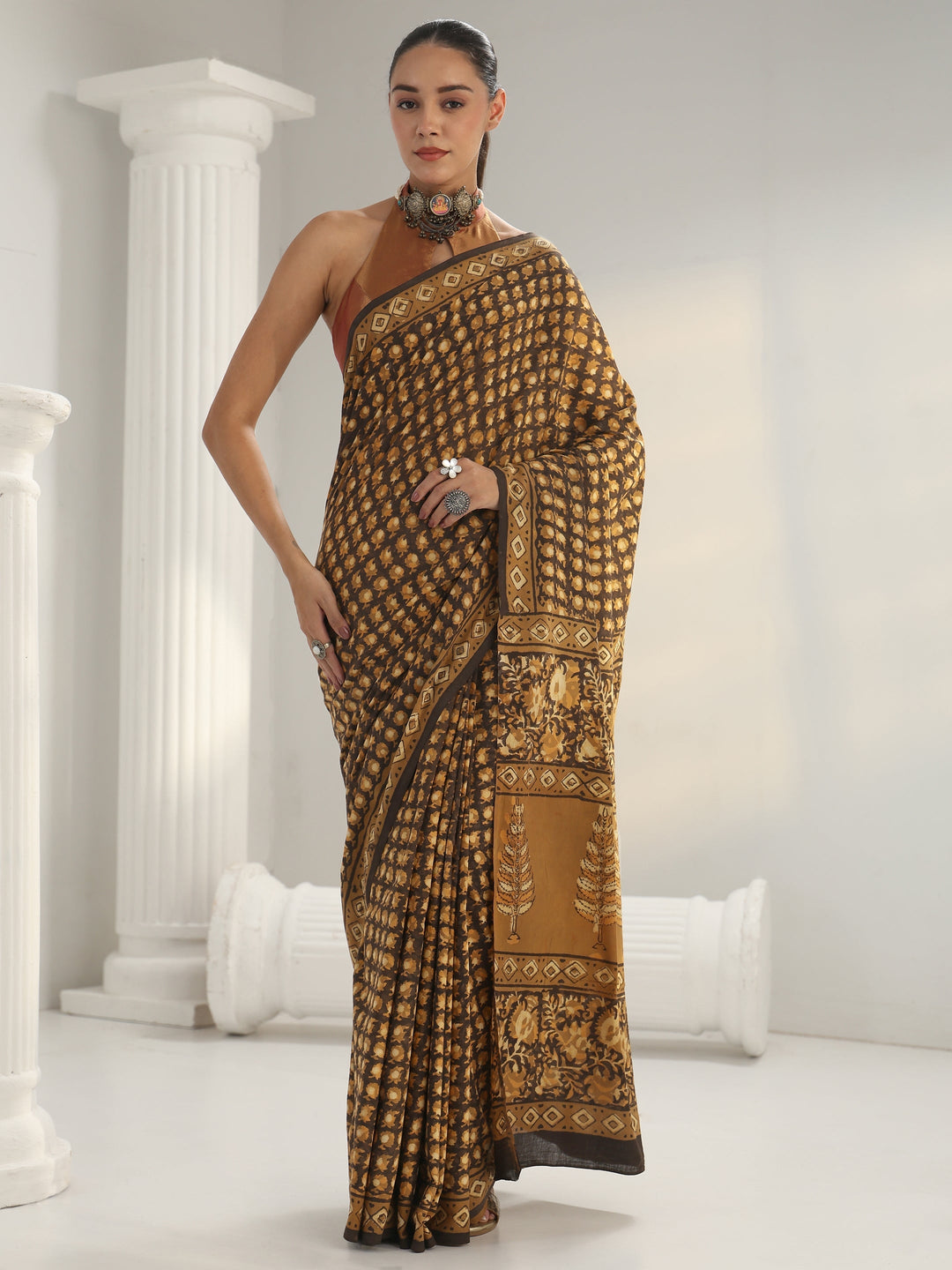 Mustard Dabu Print Cotton Saree