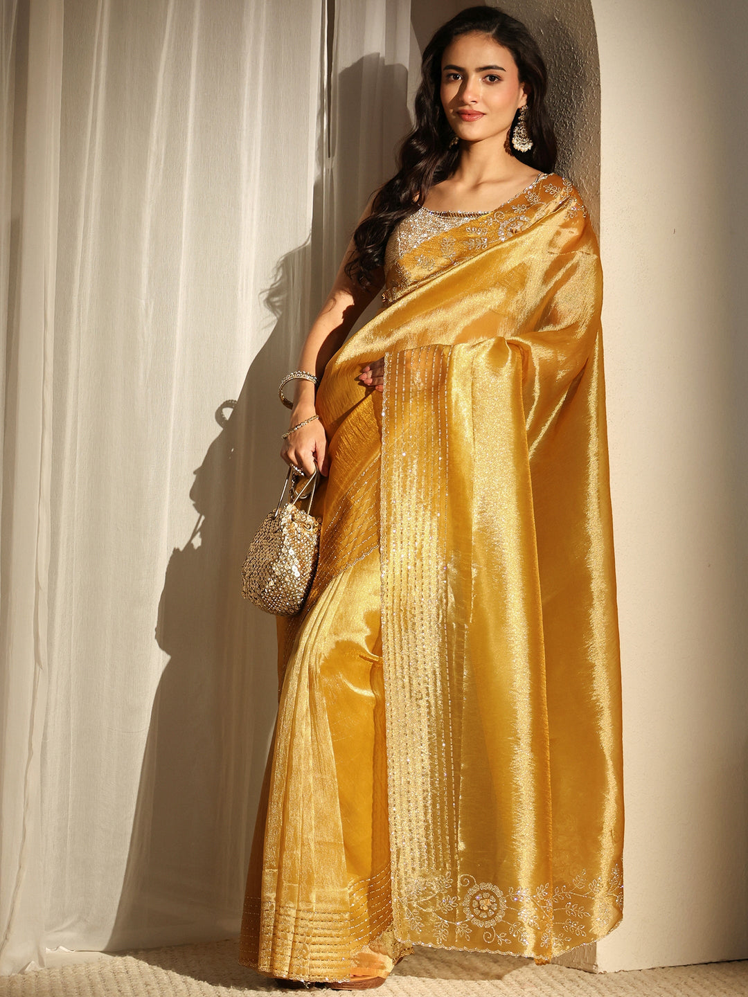 Libas Mustard Embellished Border Chiffon Saree With Unstitched Blouse Piece