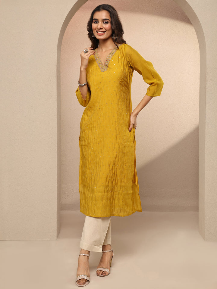 Mustard Embellished Chanderi Cotton Straight Kurta