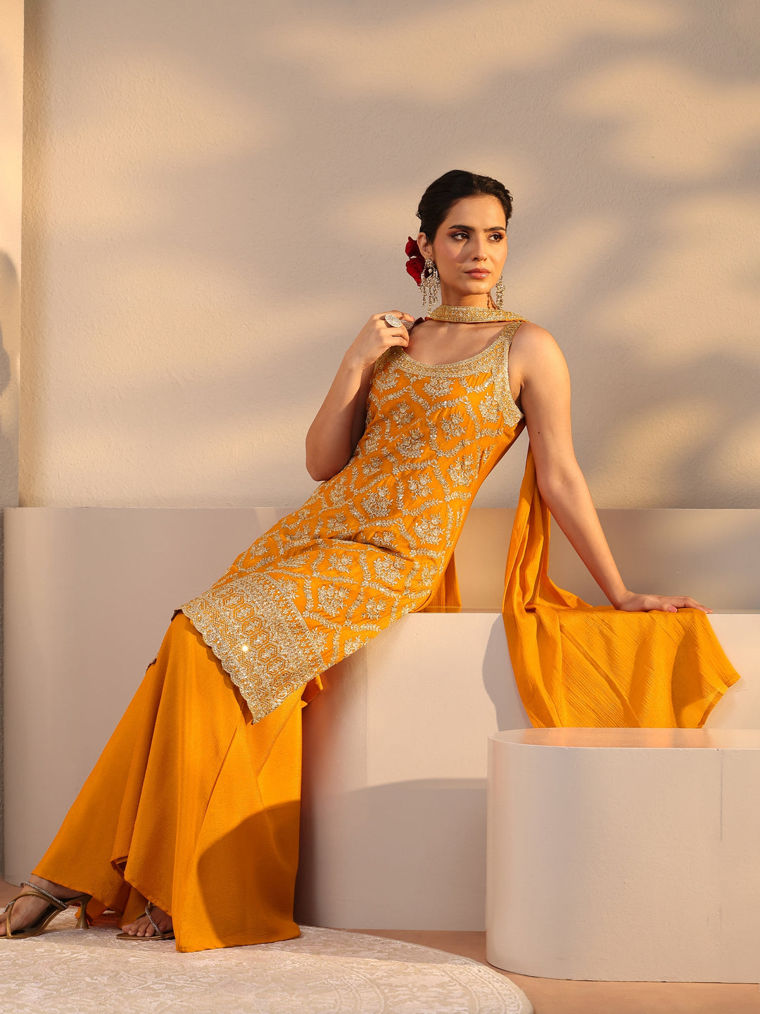 Mustard Embellished Chinon Palazzo Suit Set With Dupatta