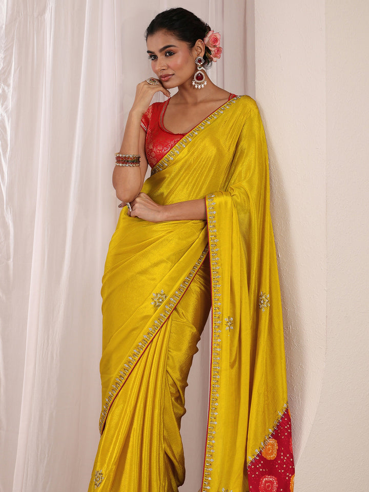 Mustard Embellished Chinon Saree With Unstitched Blouse Piece