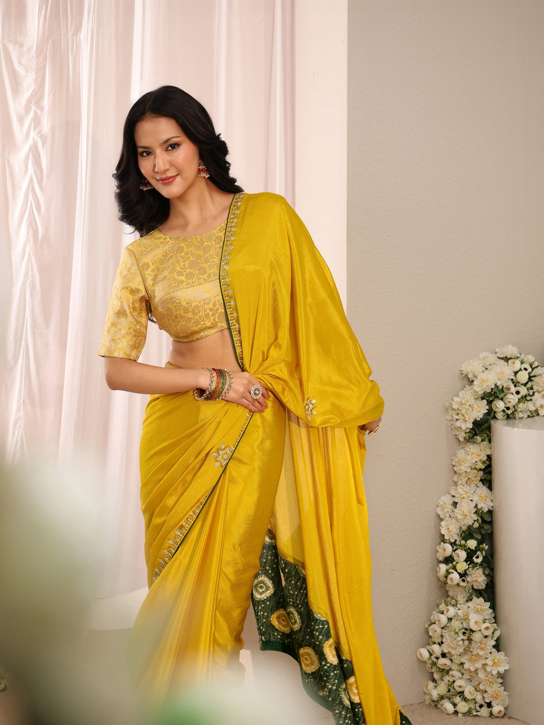 Libas Mustard Embellished Chinon Saree With Unstitched Blouse Piece