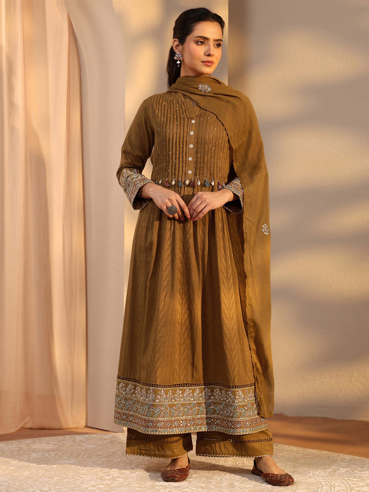 Mustard Embellished Cotton A-Line Suit Set With Dupatta