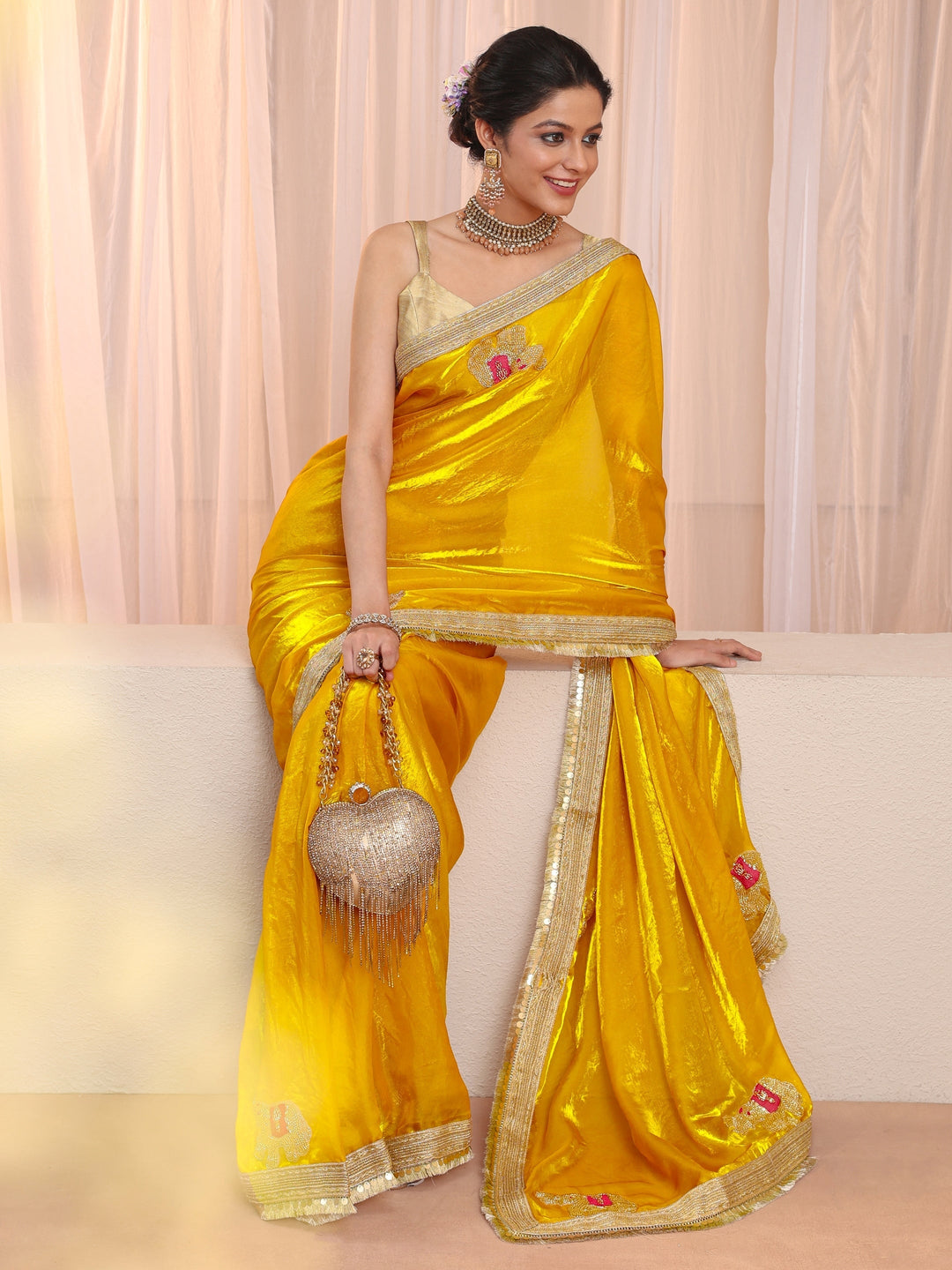 Mustard Embellished Elephant Motif Tissue Saree