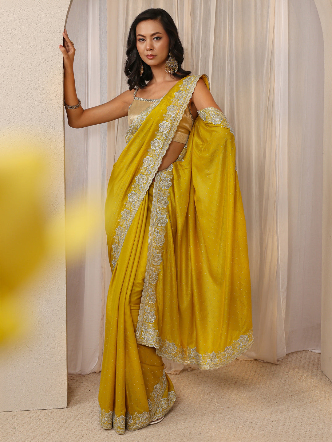 Mustard Embellished Satin Saree With Unstitched Blouse Piece