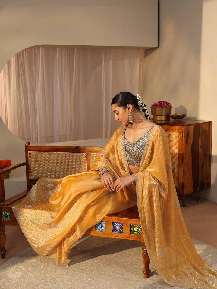 Mustard Embellished Tissue Saree