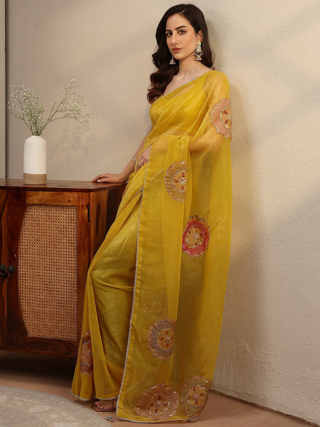 Mustard Embellished Tissue Saree
