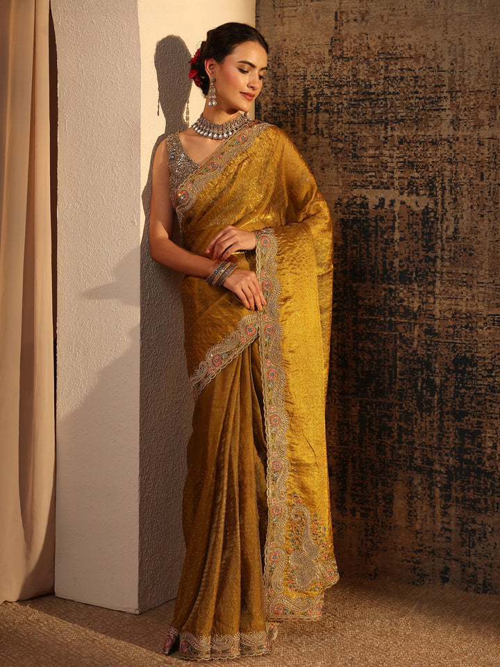 Libas Mustard Embellished Tissue Saree With Unstitched Blouse Piece
