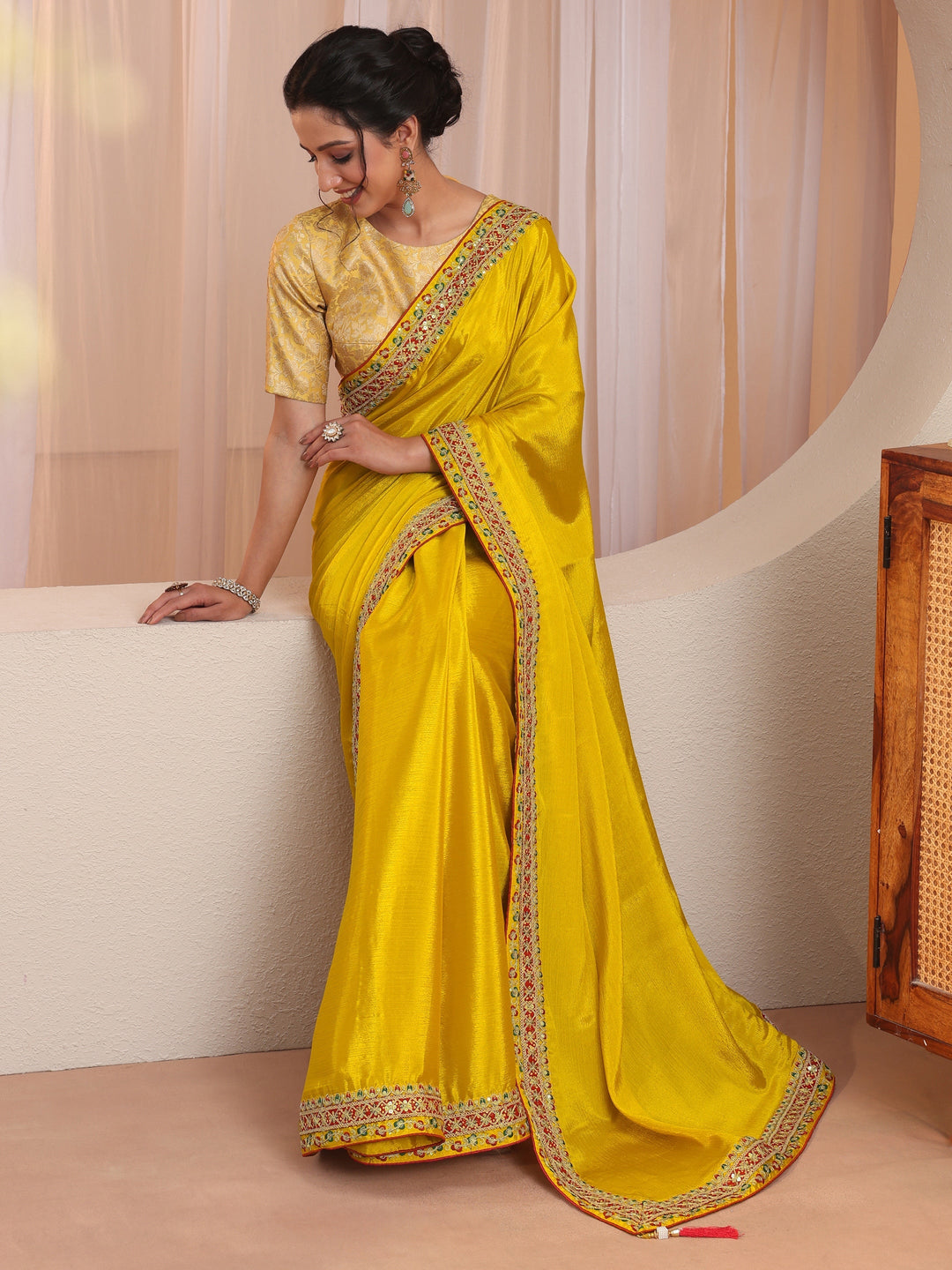 Mustard Embroidered Border Chiffon Saree