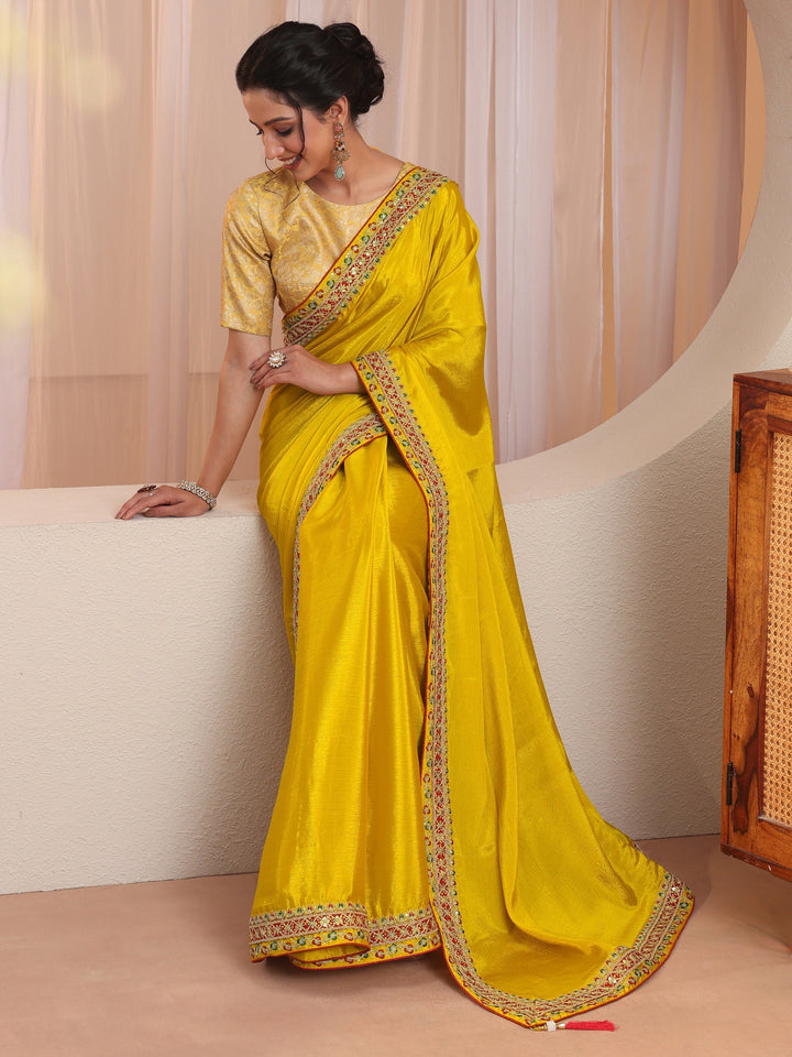 Mustard Embroidered Border Chiffon Saree