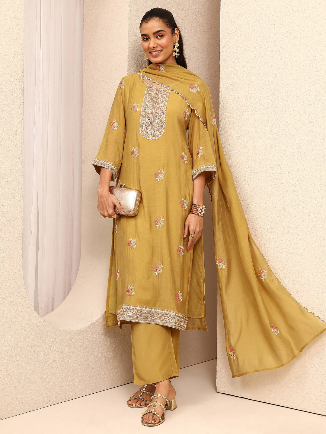 Mustard Embroidered Chanderi Cotton Straight Suit Set With Dupatta