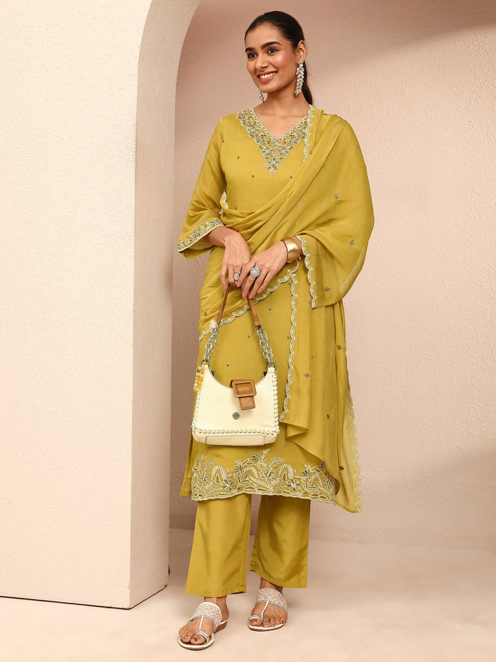 Mustard Embroidered Chanderi Cotton Straight Suit Set With Dupatta