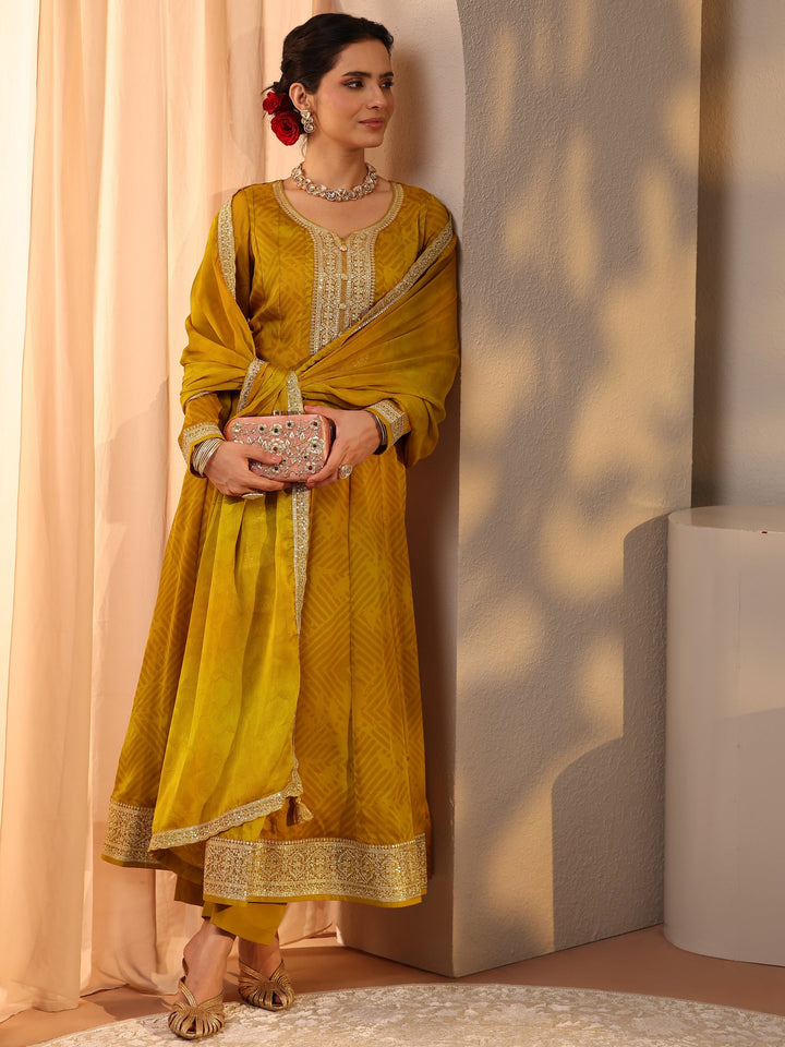 Mustard Embroidered Chiffon Anarkali Suit Set With Dupatta