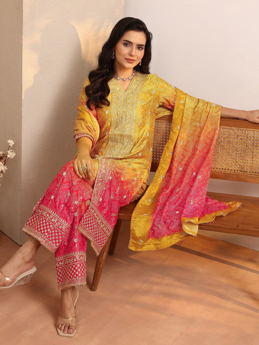 Mustard Embroidered Chinon Straight Suit Set With Dupatta