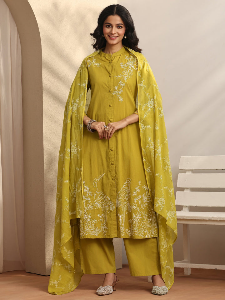 Mustard Embroidered Cotton Straight Suit Set With Dupatta