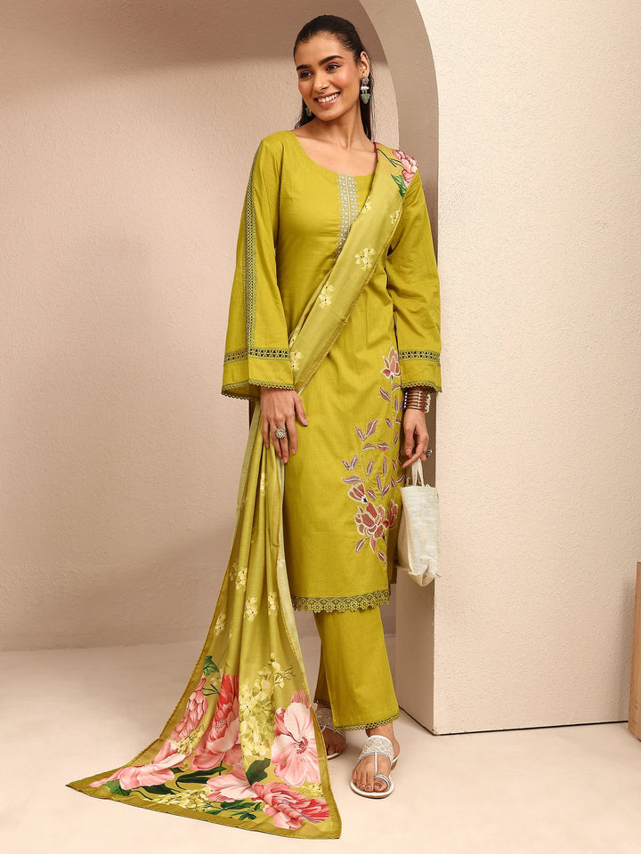 Mustard Embroidered Cotton Straight Suit Set With Dupatta