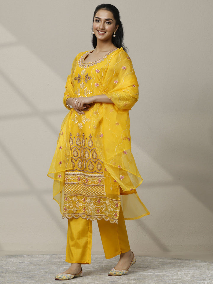 Mustard Embroidered Organza Straight Suit Set With Dupatta