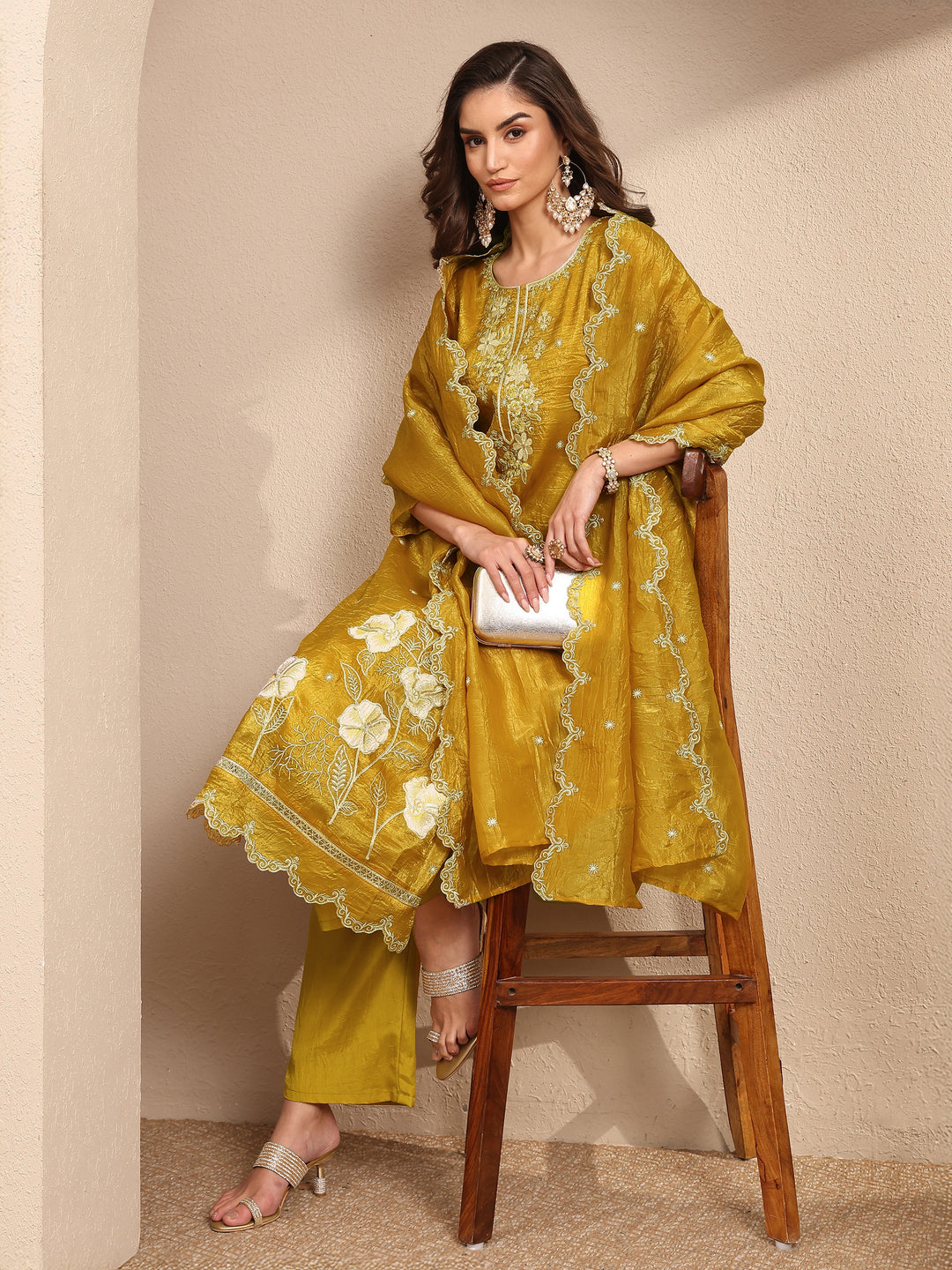 Mustard Embroidered Organza Straight Suit Set With Dupatta