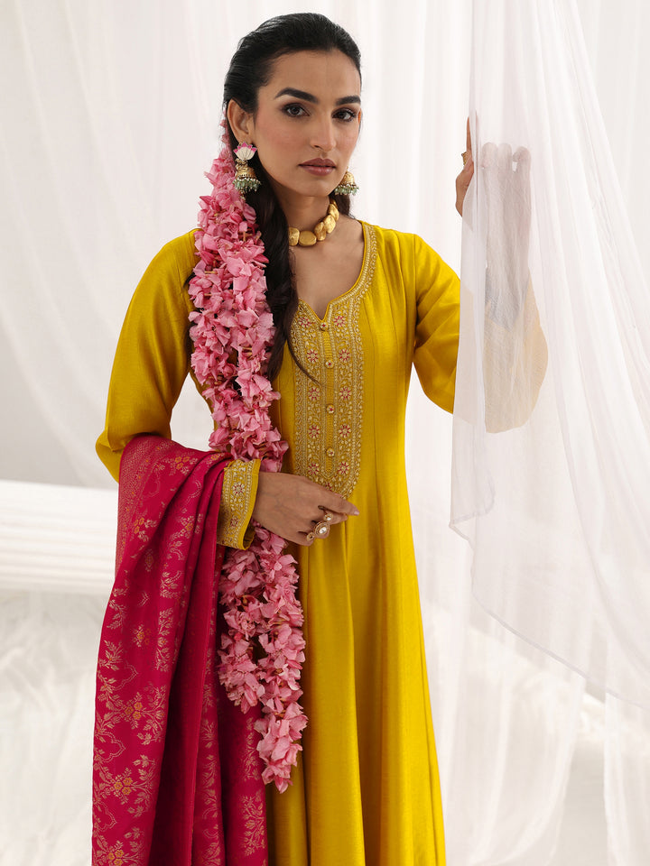 Mustard Embroidered Silk A-Line Gown With Dupatta