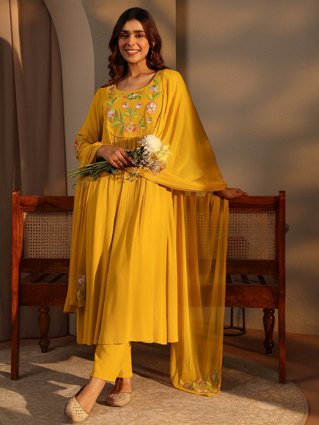 Mustard Embroidered Silk Blend A-Line Suit Set With Dupatta