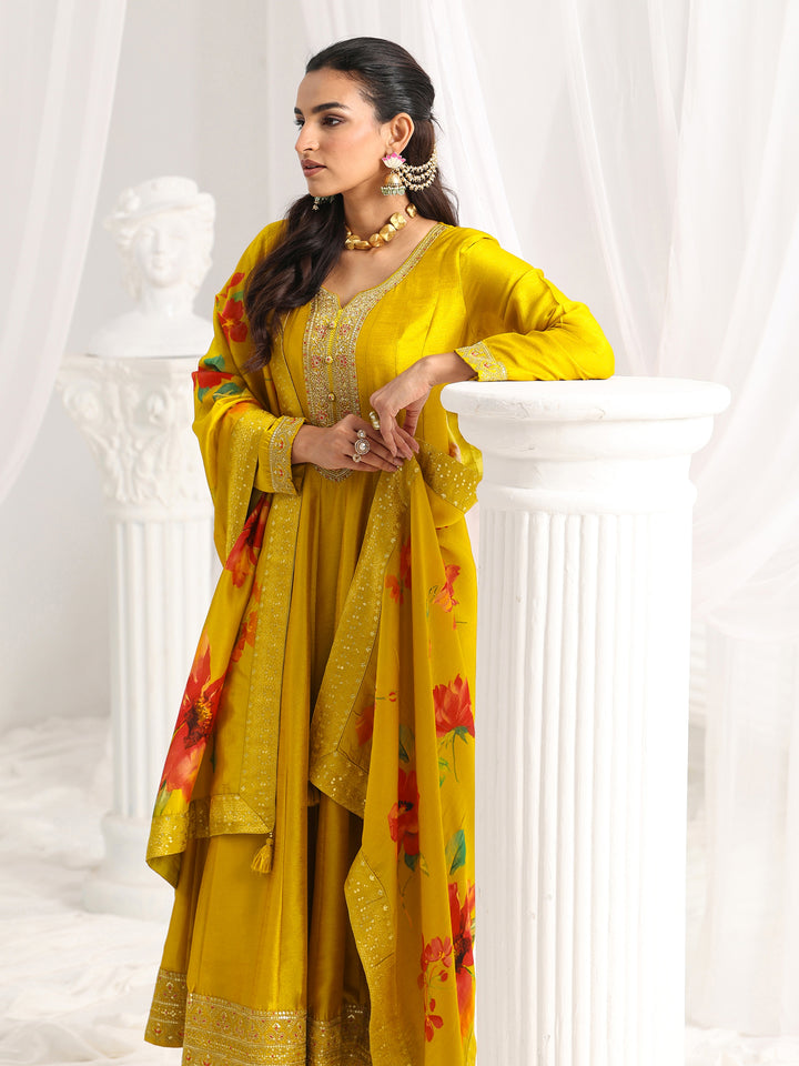 Mustard Embroidered Silk Blend A-Line Suit Set With Dupatta