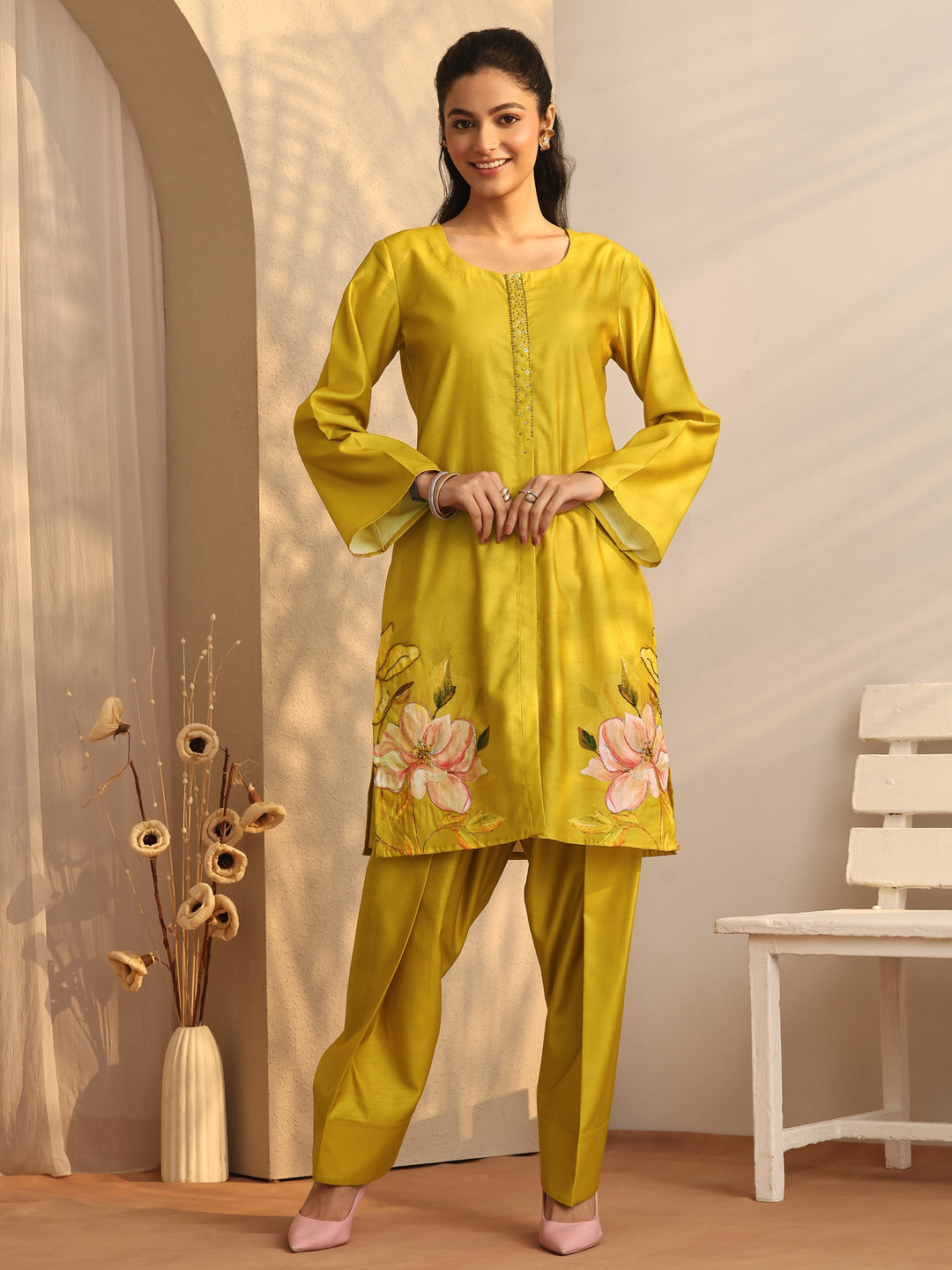Mustard Embroidered Silk Blend Co-Ord Sets