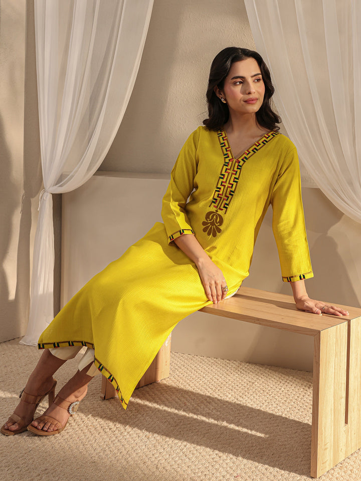 Mustard Embroidered Silk Blend Straight Kurta