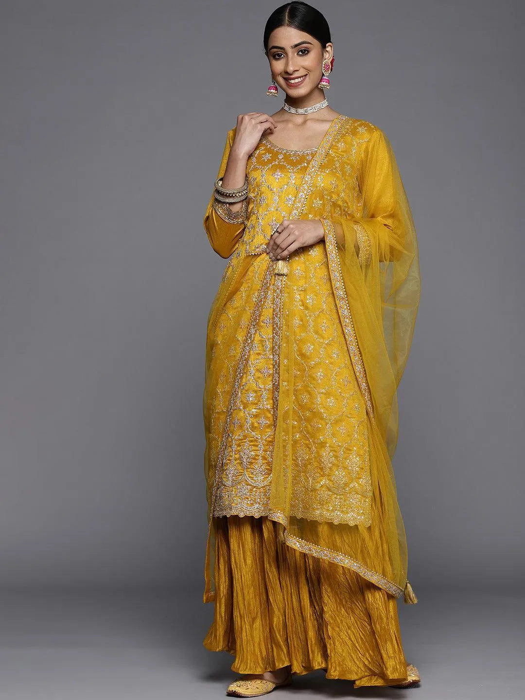 Mustard Embroidered Silk Blend Straight Suit Set - ShopLibas 