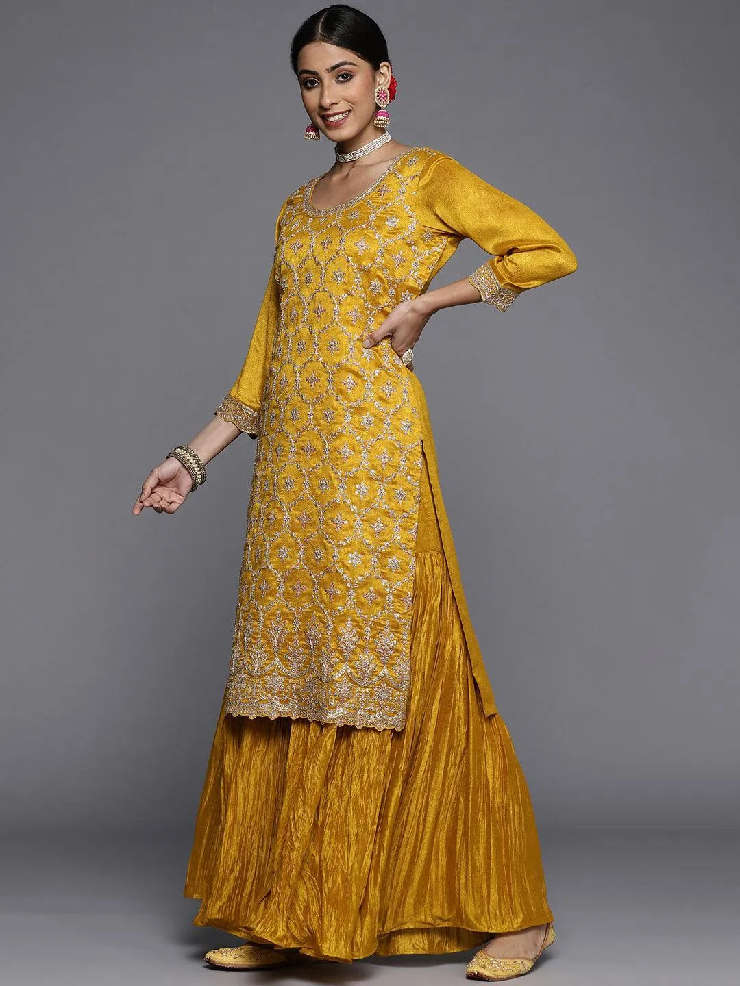 Mustard Embroidered Silk Blend Straight Suit Set - ShopLibas 