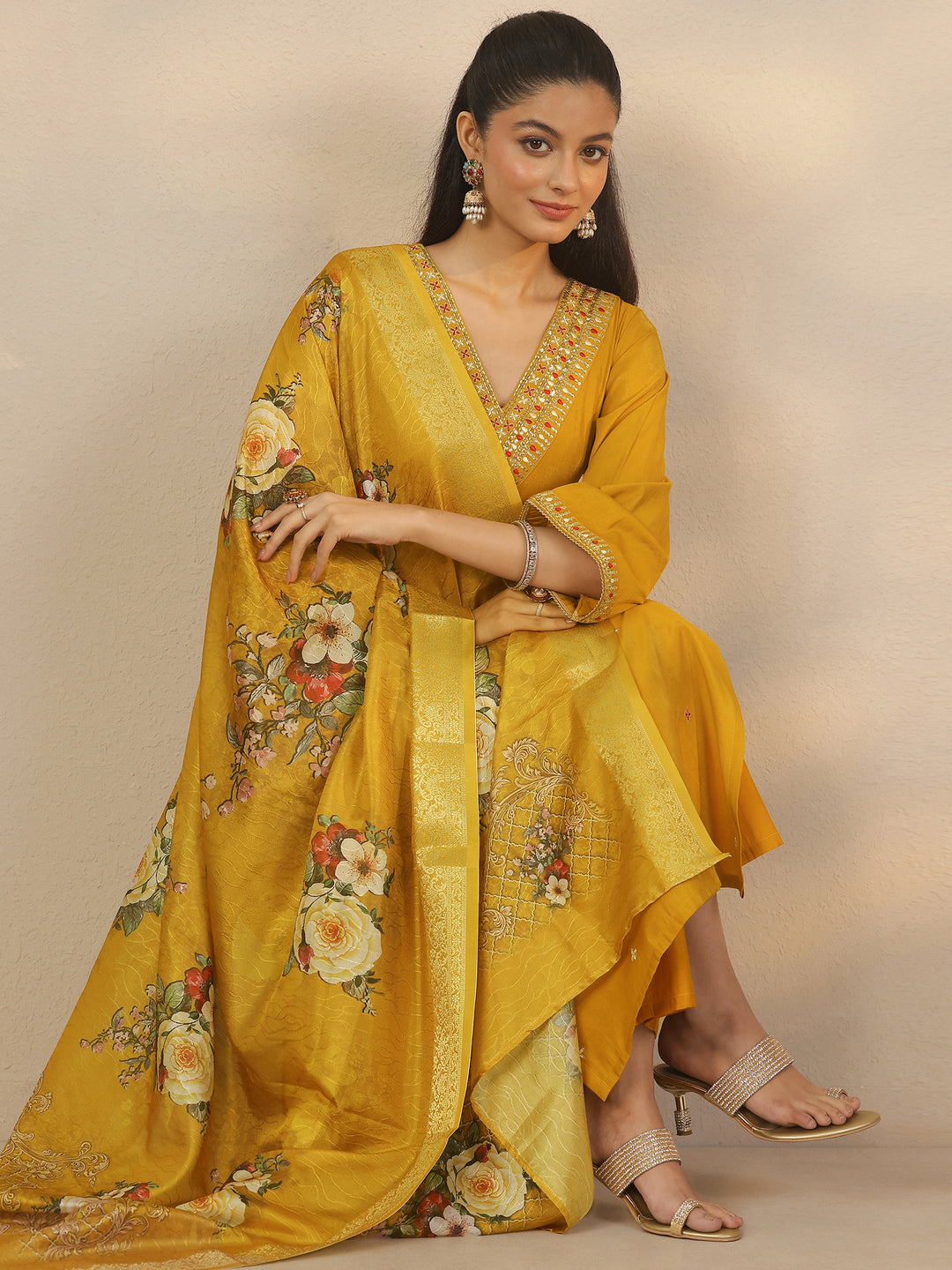 Mustard Embroidered Silk Blend Straight Suit Set With Dupatta